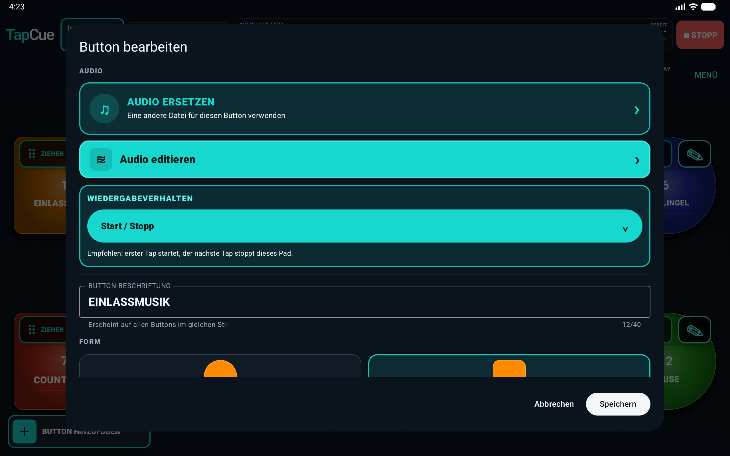 TapCue Dialog zum Bearbeiten eines Soundbuttons