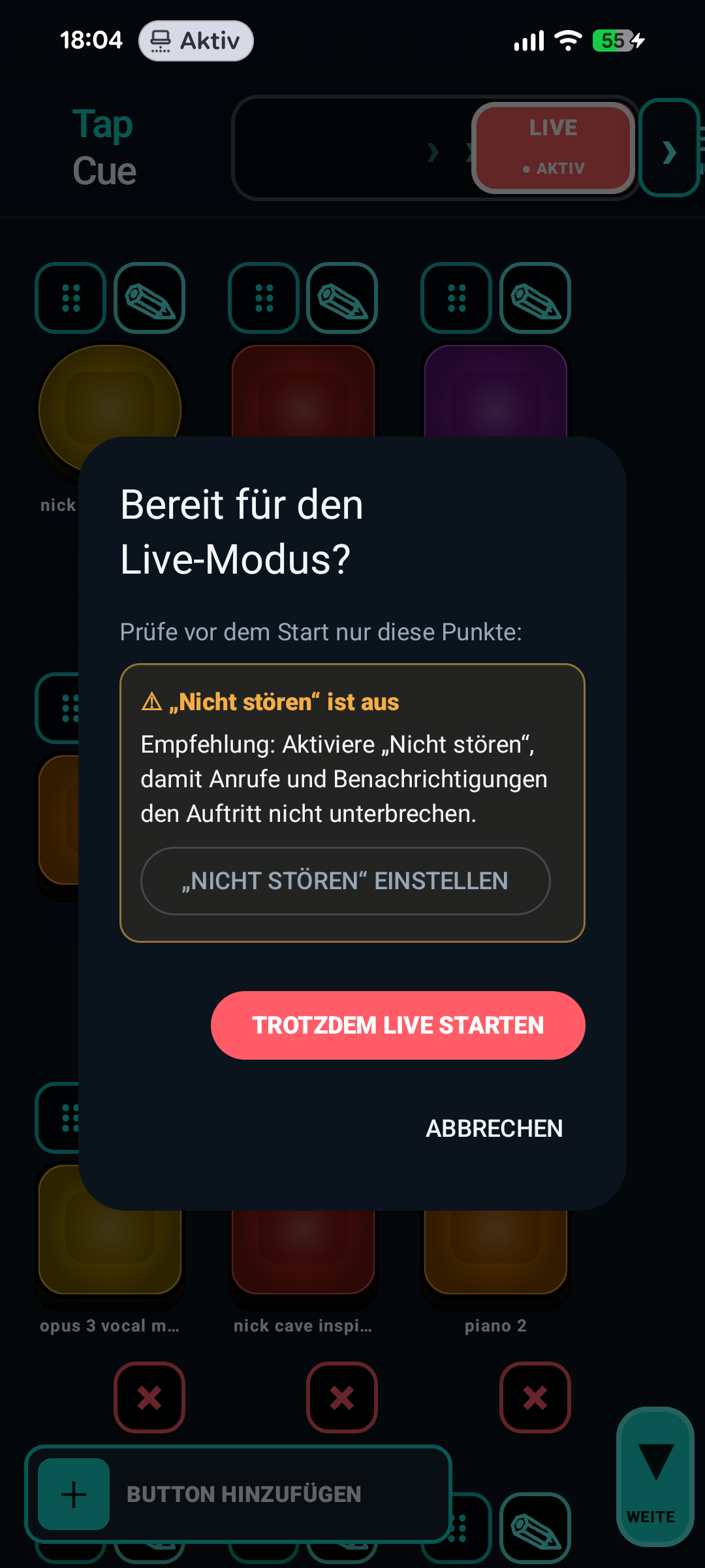 TapCue Bühnenprüfung vor dem Start des Live-Modus