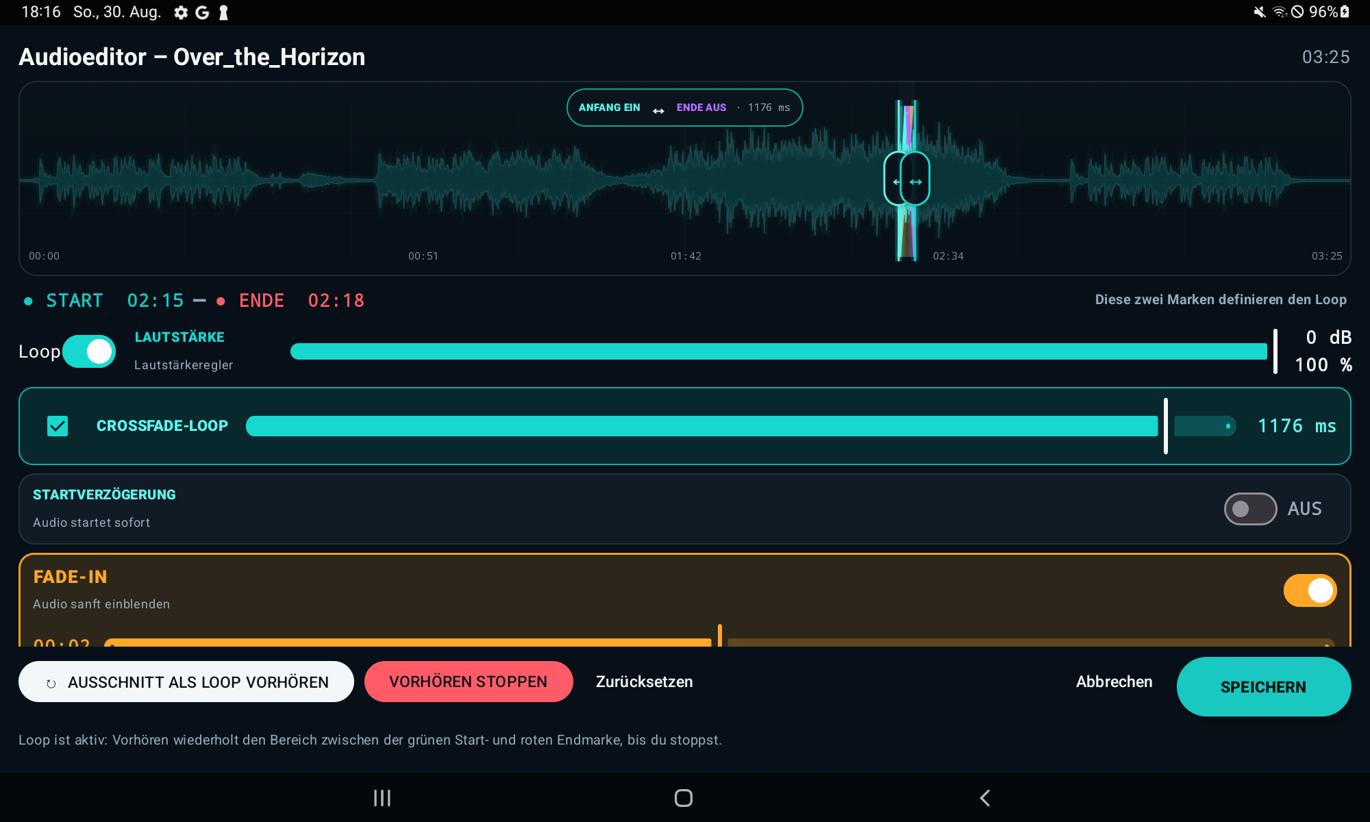 TapCue Audioeditor mit Wellenform, Loopmarken, Crossfade und Fade-in