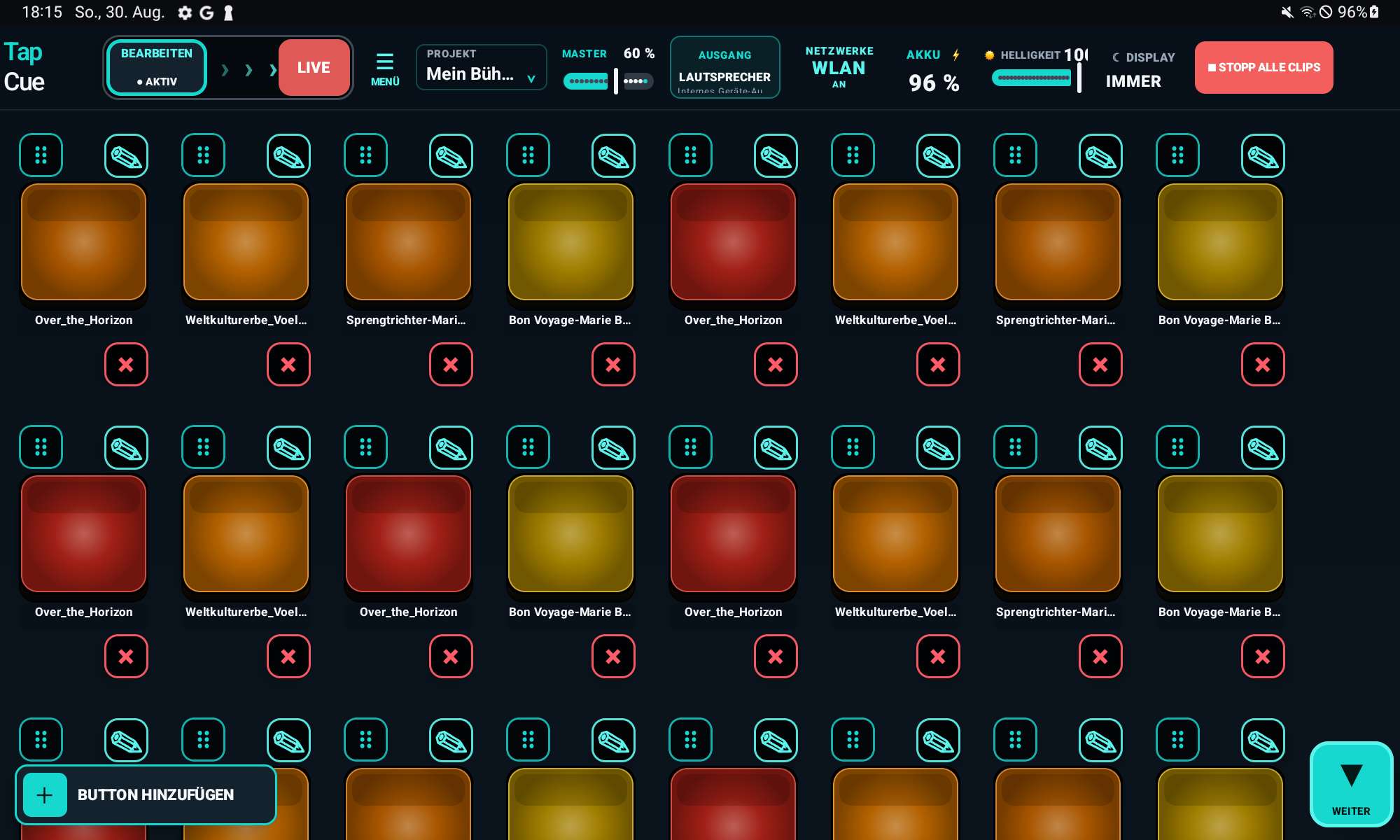 TapCue Bearbeiten-Modus mit Projektfeld und farbigen Soundbuttons