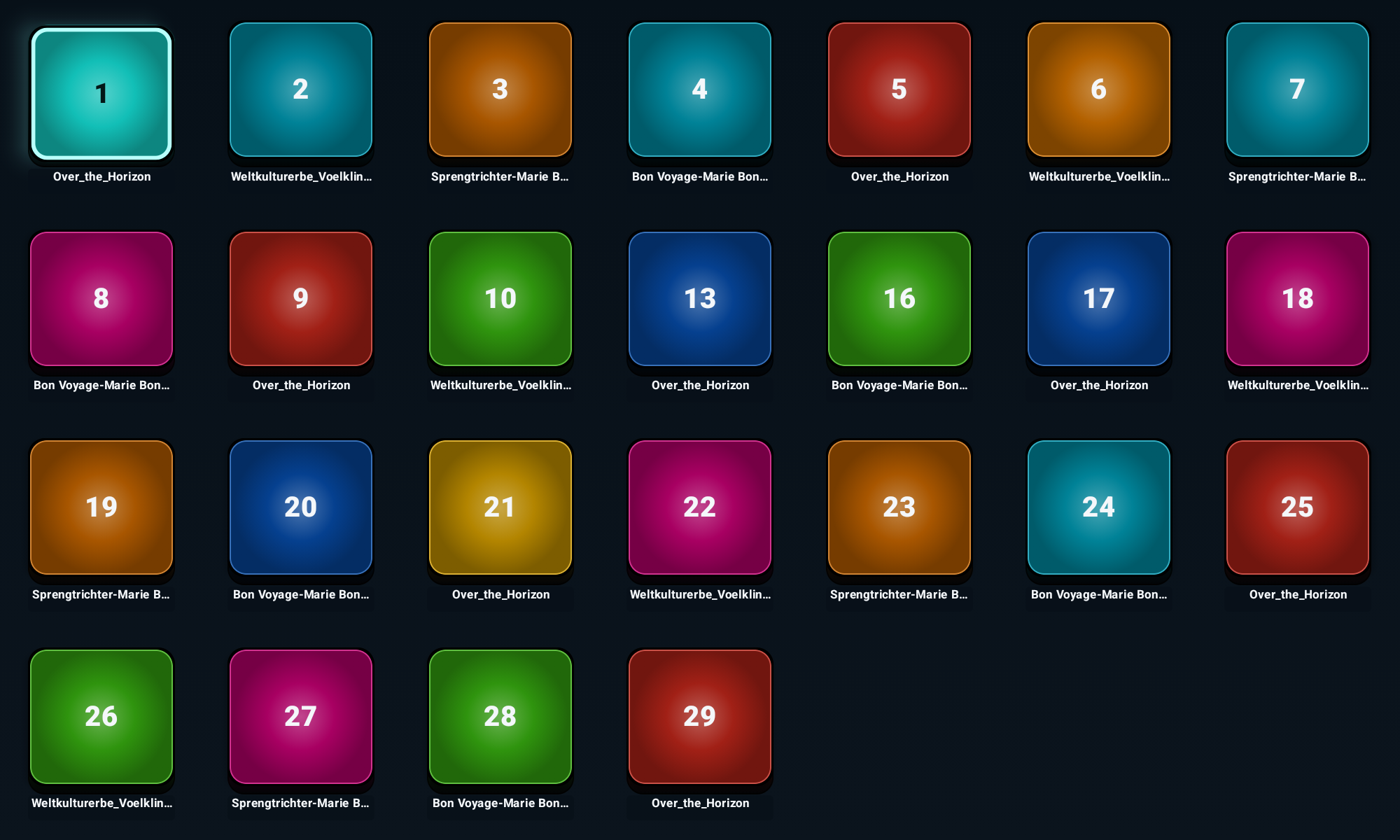 TapCue Live-Ansicht mit 34 farbigen Soundbuttons