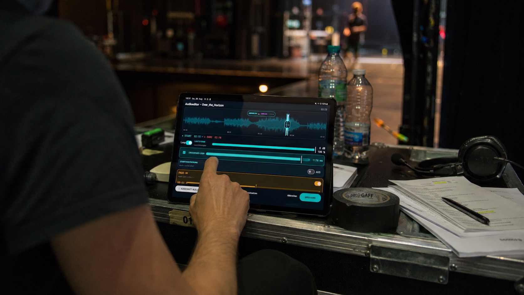 TapCue Audioeditor im Backstage-Einsatz mit sichtbarer Wellenform