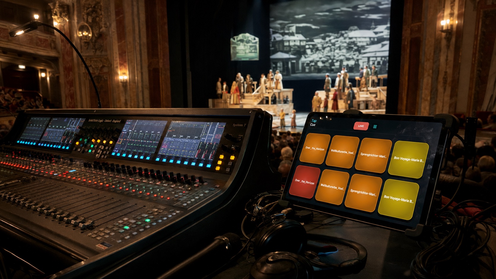 TapCue im Live-Modus an einem professionellen Tonplatz mit großer Theaterbühne