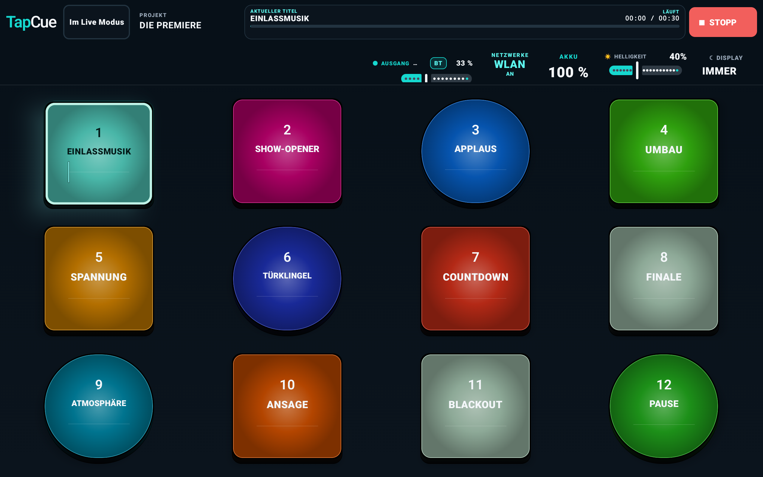 Aktiver TapCue Sound-Button leuchtet im Live-Modus cyan